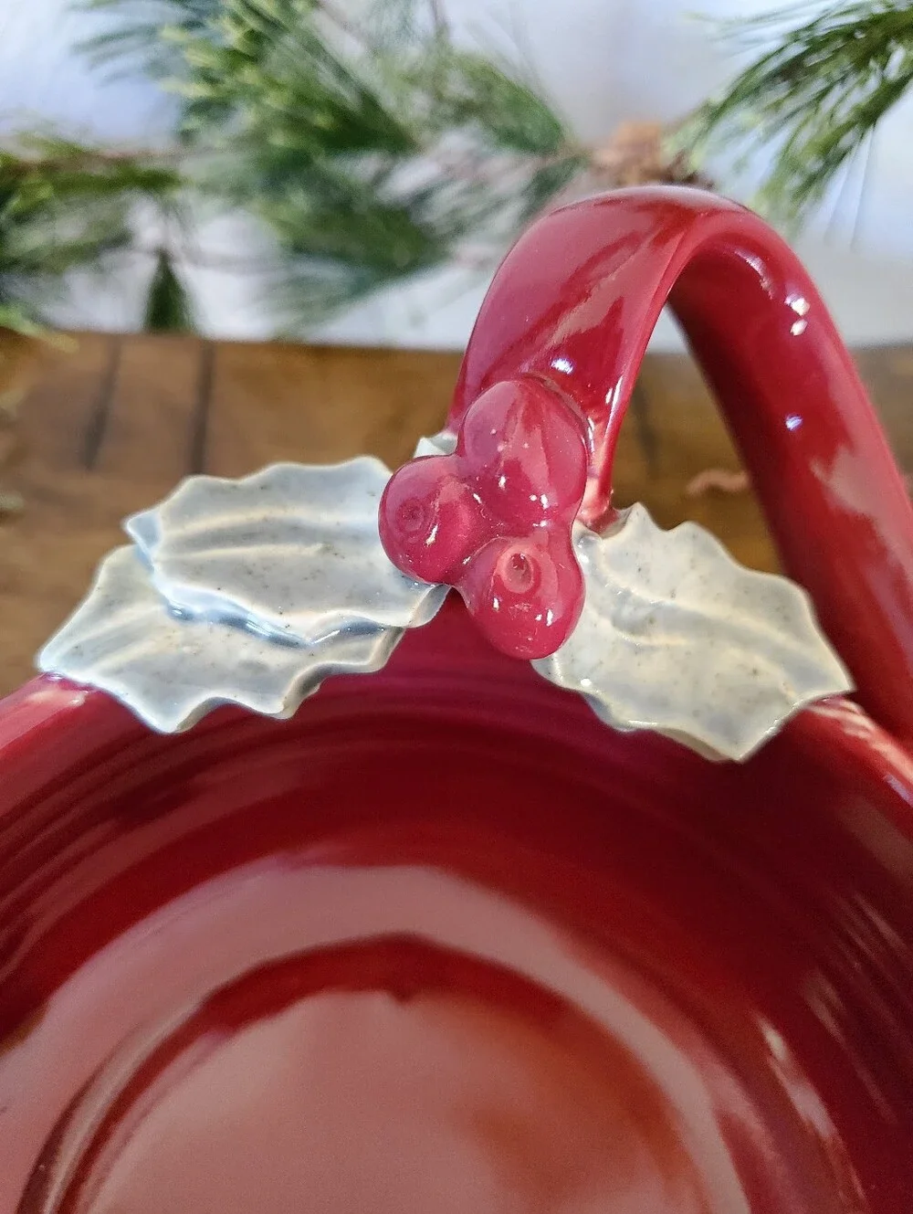 Artisan Handcrafted Red Ceramic Holiday Bowl Holly Berry Handle Festive Pottery
